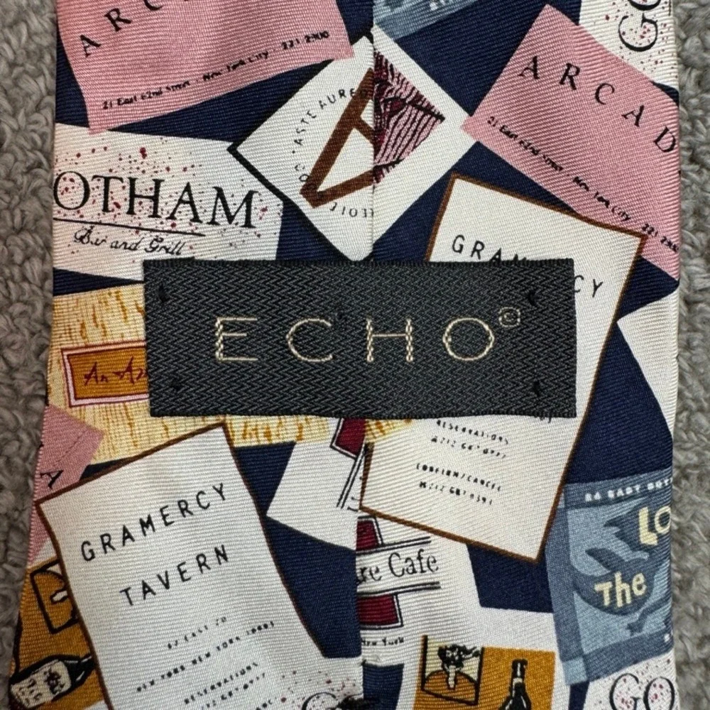 Echo Silk Tie Mens Navy Blue NYC Restaurant Business Card Novelty Print 57x3.75